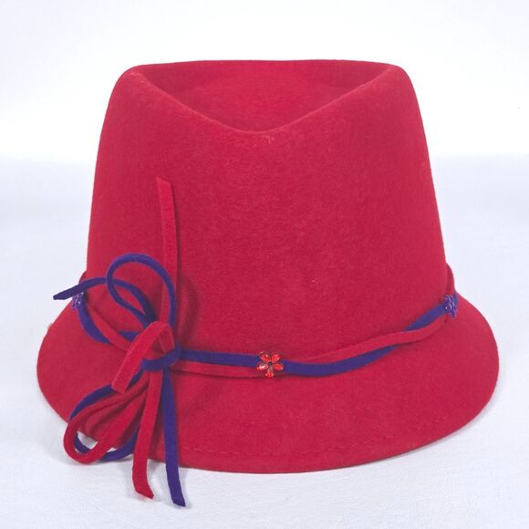 Something Special Cloche Fedora Wool Hat Red Purple Bow Beaded Flower Grannycore - Picture 5 of 9